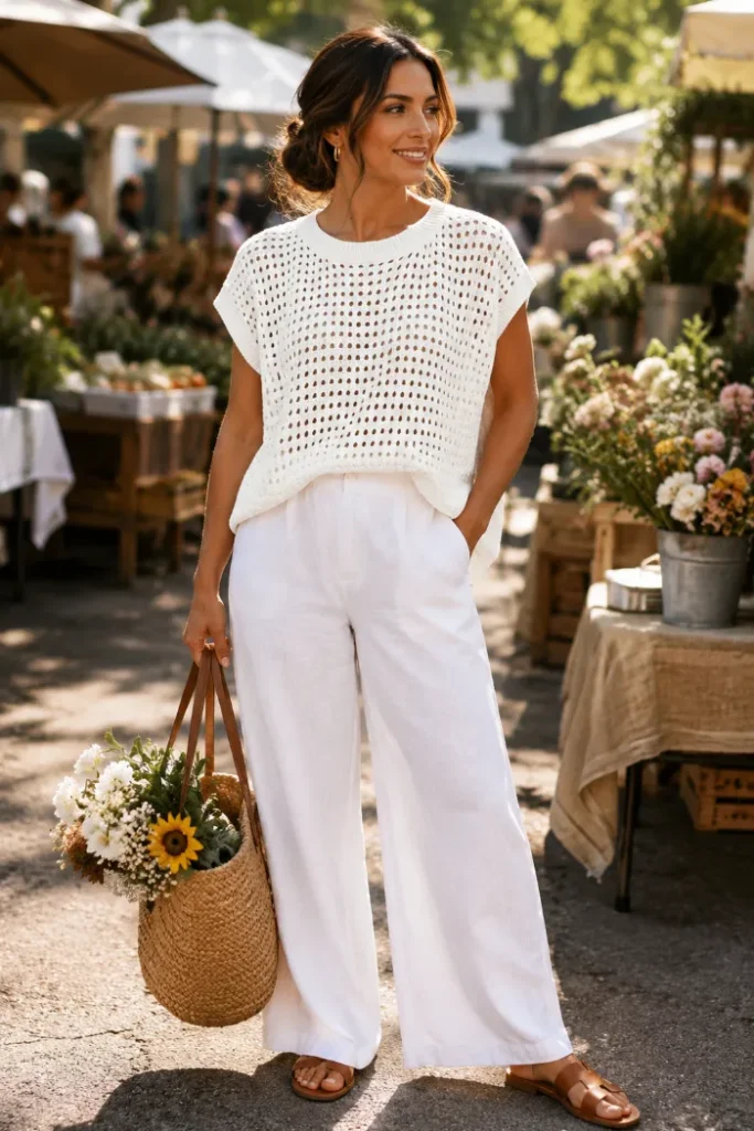 PRETTYGARDEN crochet cap sleeve pullover top linen pants summer outfit