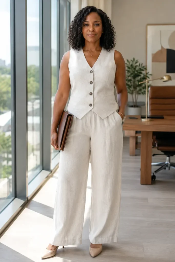 linen vest waistcoat wide leg pants two piece set summer outfit