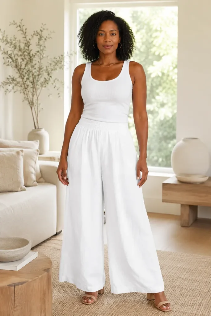 LOMON linen wide leg palazzo pants white tank top summer outfit