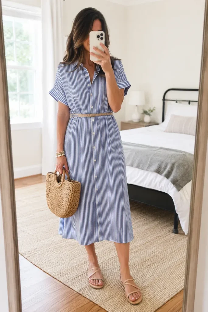 chouyatou striped button down midi shirt dress summer outfit idea