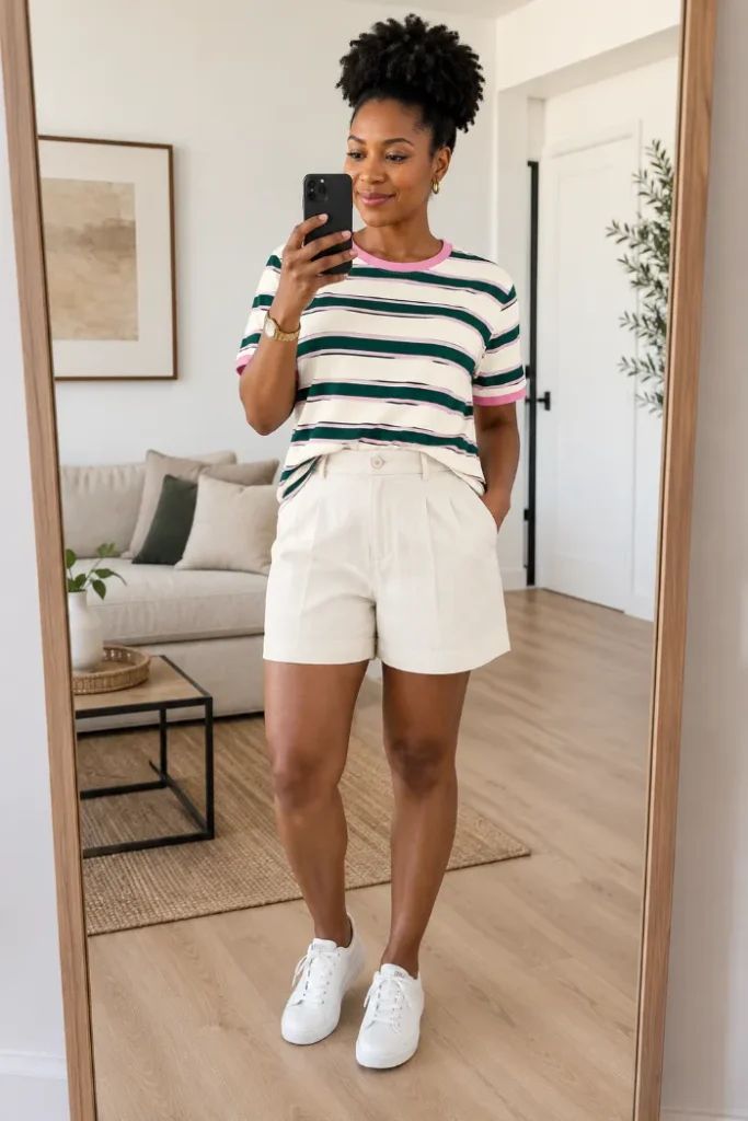 BTFBM striped crewneck color block tee tailored shorts summer outfit