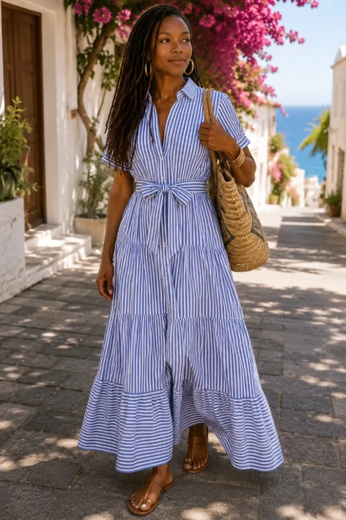 utcoco tie waist striped button down maxi shirt dress summer outfit